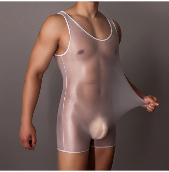 Feeetmoi - Men's Shiny Sheer Bodysuit (White)